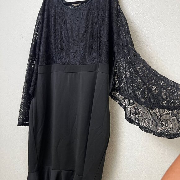 Black Lace Cocktail Party Event Dress Plus‎ Size 4XL Sheer Flare Sleeve Romantic - Picture 2 of 10